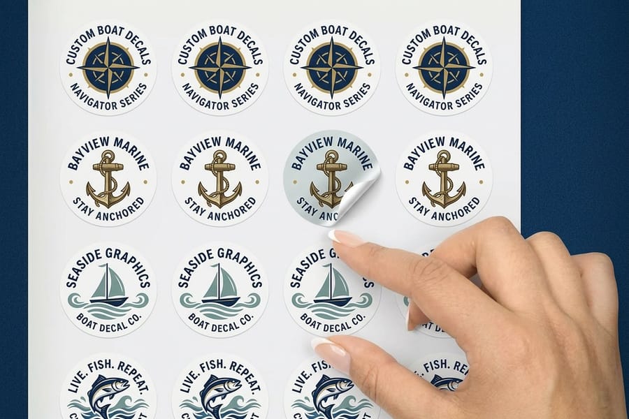 Boat decal from 4OVER4.COM on its transfer tape, ready to hinge and apply to a hull