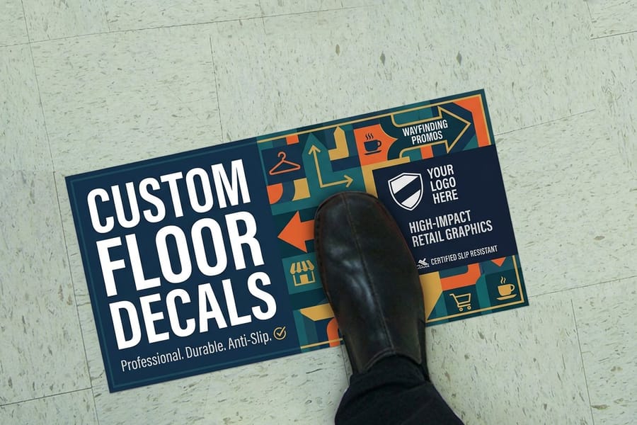 Floor decal printed by 4OVER4 on flexible floor vinyl being positioned on a smooth floor