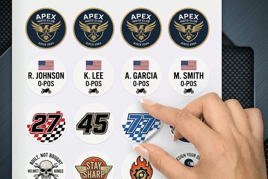 Custom helmet decals printed by 4OVER4 sized for the curved front panel of a hard hat