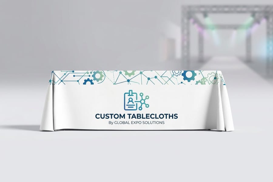 Custom printed tablecloth from 4OVER4 draped over a 6 ft table with the logo centered on the front panel