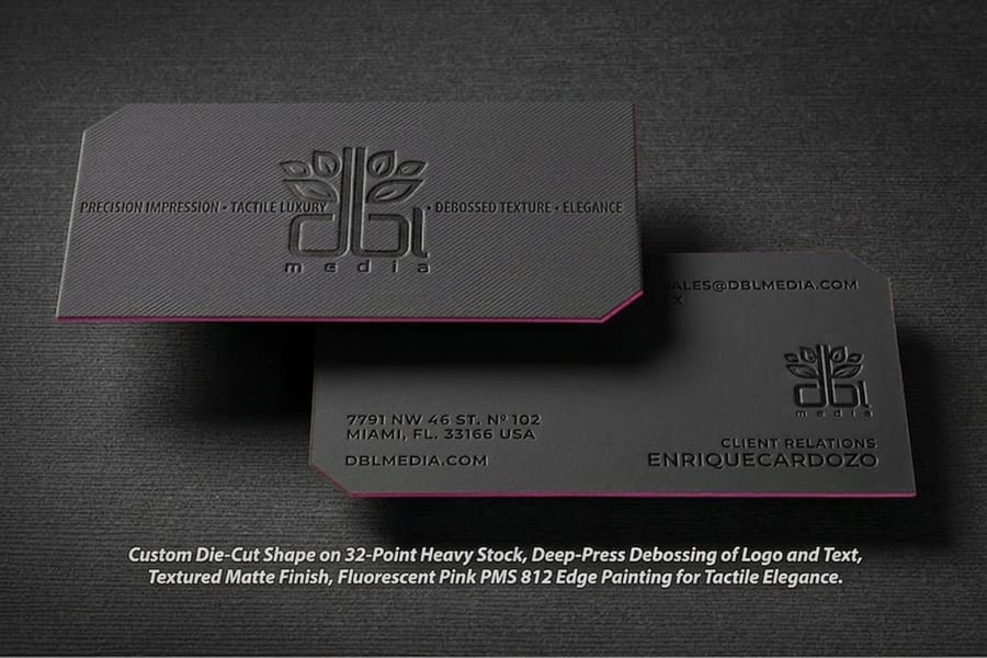 Debossed business card printed by 4OVER4 with a clean recessed design