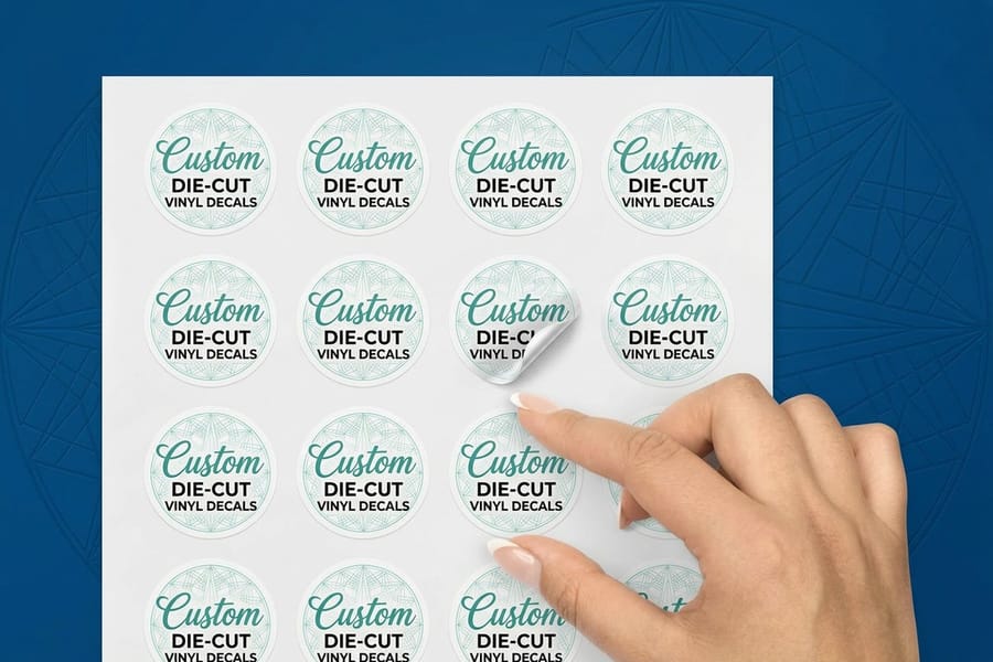 Die-cut decals printed by 4OVER4 showing custom outlines around each shape