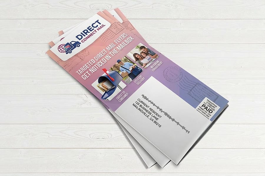 Direct mail flyer with a promotional layout printed by 4OVER4