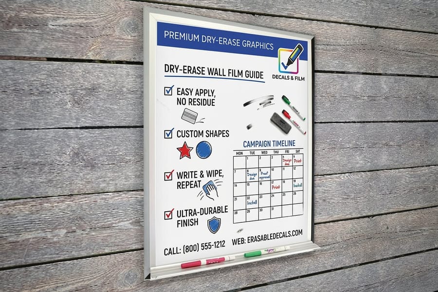 Dry erase wall graphic printed by 4OVER4 with a branded frame and writeable zones