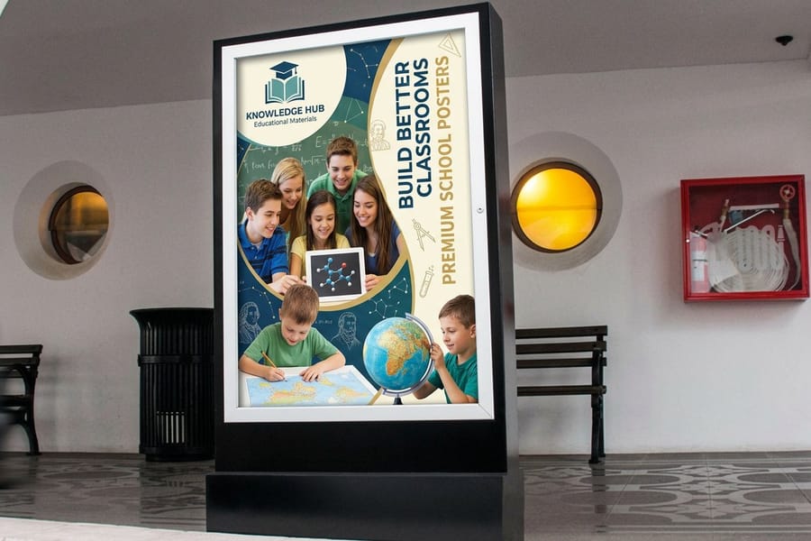 A school poster printed by 4OVER4 in a lobby display stand beside a hallway