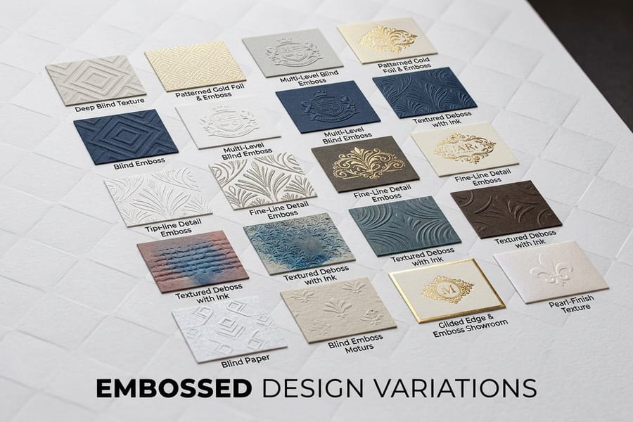 Detail of a raised, embossed business card printed by 4OVER4.COM