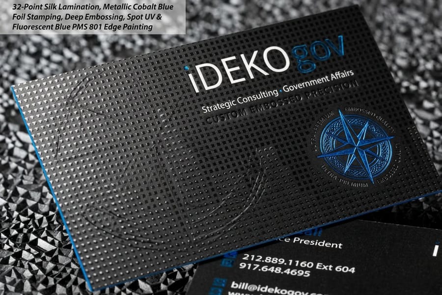 Embossed business cards from 4OVER4.COM with a raised logo you can feel