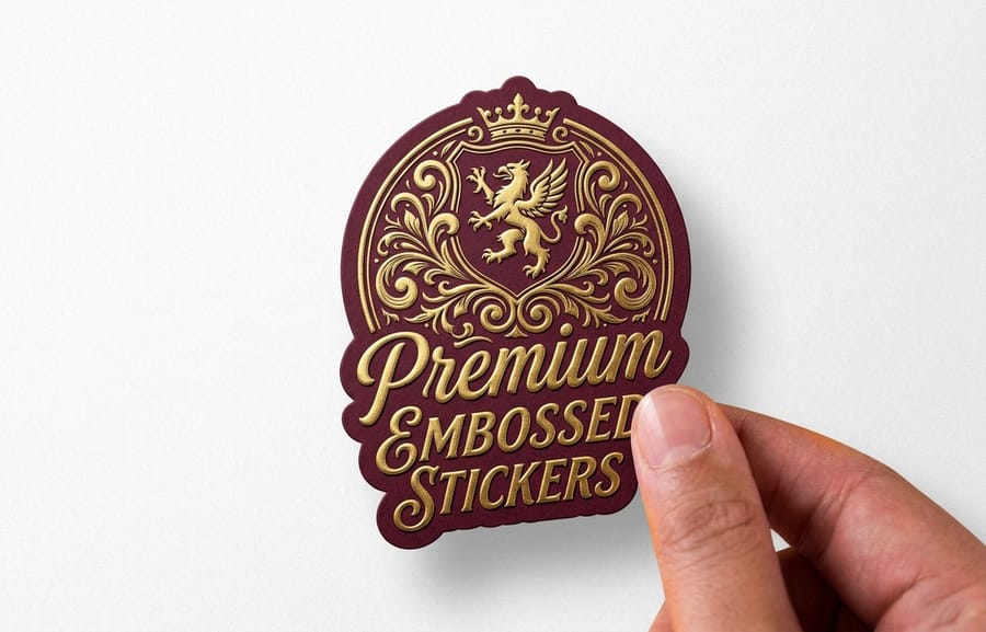 Embossed stickers printed by 4OVER4 showing a raised tactile surface on a cut shape
