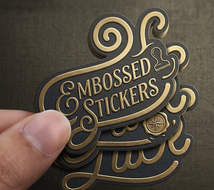 Raised finish stickers printed by 4OVER4 showing a thick glossy surface on a small badge