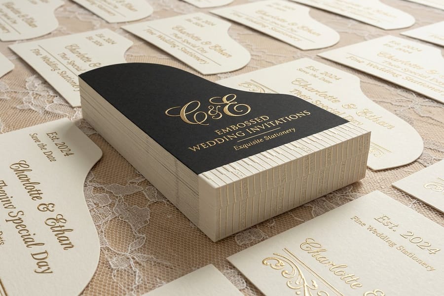 Embossed wedding invitation with a raised design, printed by 4OVER4.COM