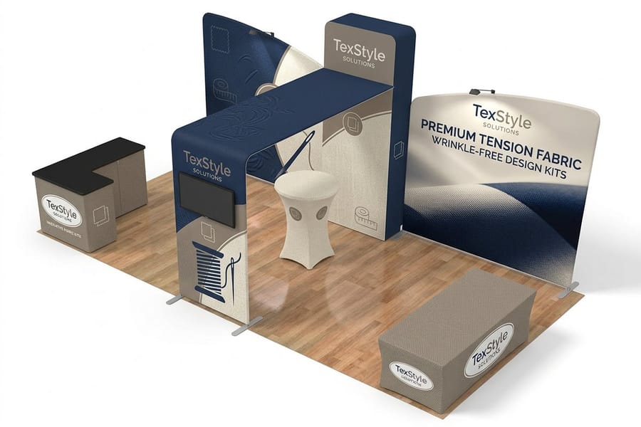 A fabric booth kit printed by 4OVER4 set up as a full back wall display