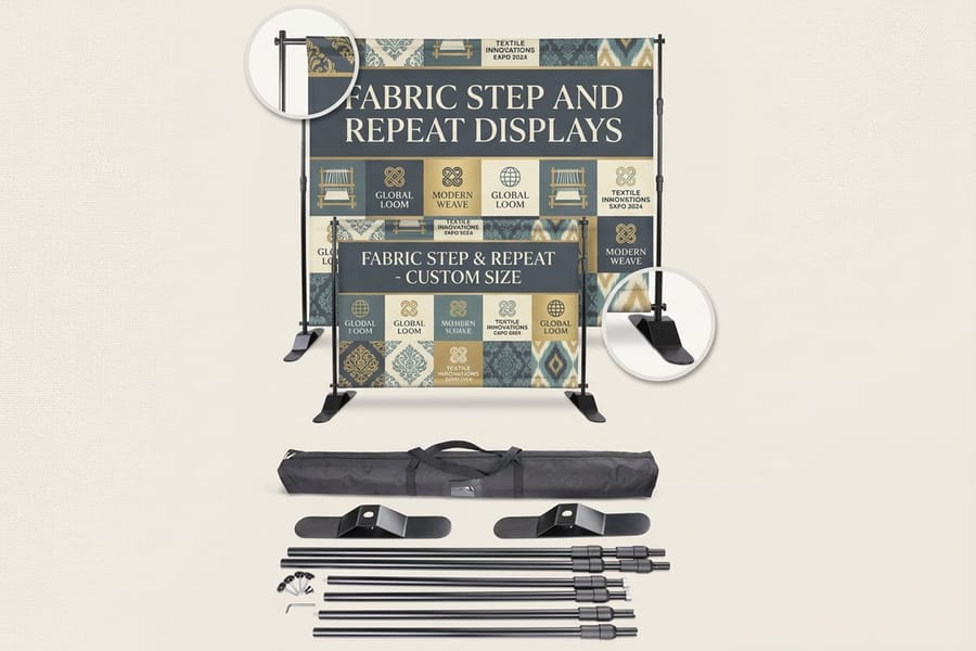 A fabric step-and-repeat backdrop staged beside an event booth, custom printed by 4OVER4