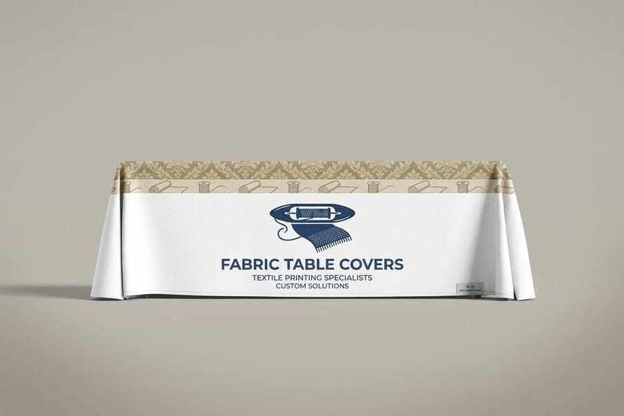 Set of matching printed fabric table covers from 4OVER4 staged for a multi table event