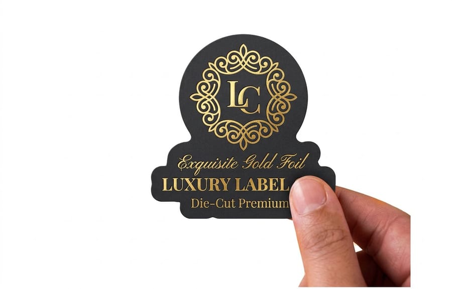 Gold foil labels on a product, printed by 4OVER4