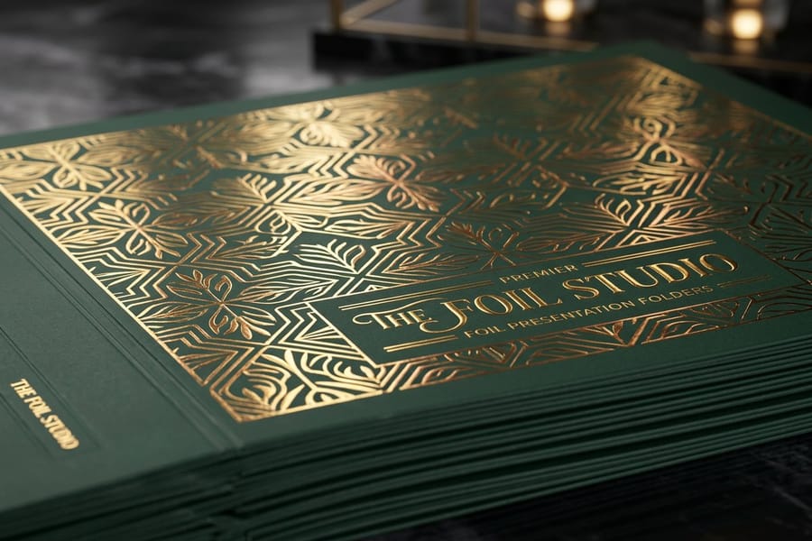 Foil presentation folders from 4OVER4 with a metallic stamped cover