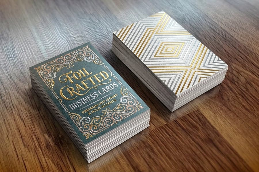 Foil stamped business cards with a metallic border, printed by 4OVER4