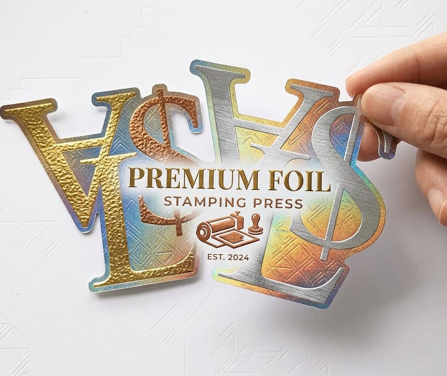 Foil stickers from 4OVER4 with clean metallic edges on a printed design