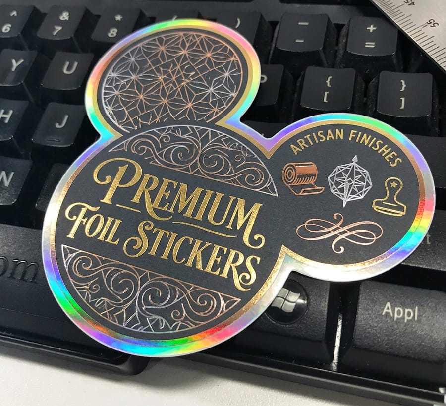 Foil-stamped stickers with a metallic finish printed by 4OVER4
