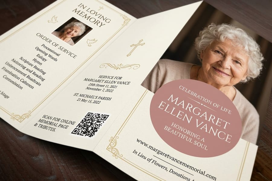 Funeral programs printed by 4OVER4 folded and fanned to show the cover and inside pages