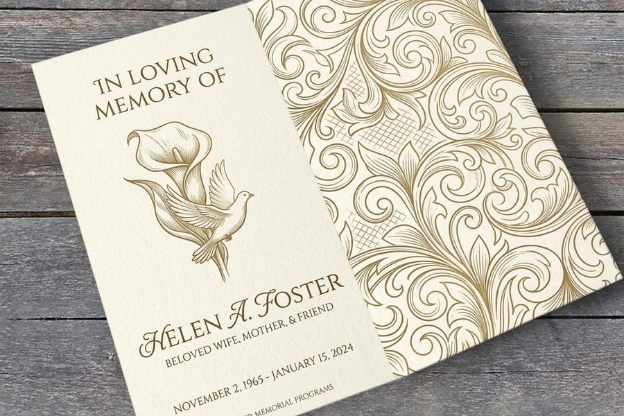Funeral programs printed by 4OVER4 with a photo cover and an order of service inside