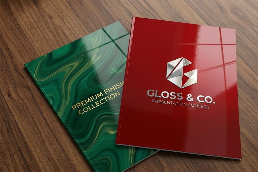 Gloss presentation folders printed by 4OVER4 with a high gloss cover catching the light