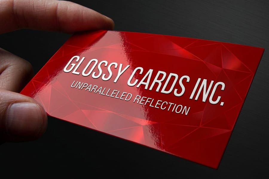 Glossy business card showing deep color and shine from 4OVER4