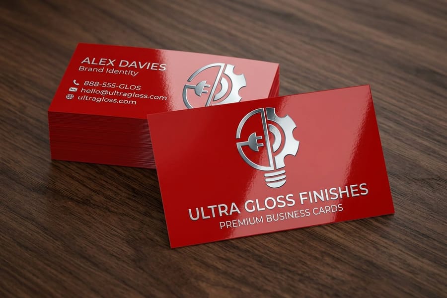 Stack of high-gloss UV coated business cards from 4OVER4