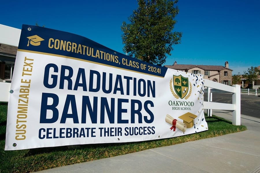 Graduation banner printed by 4OVER4 hung for a grad party