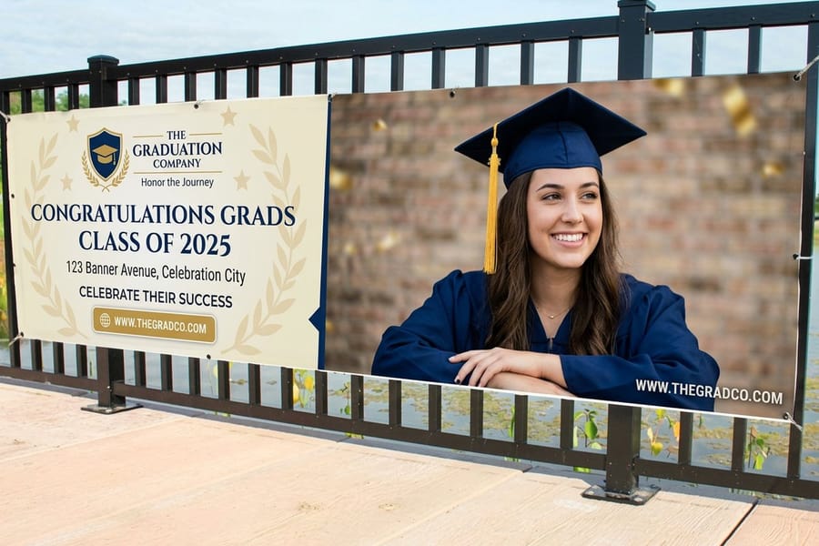 Custom graduation banner printed by 4OVER4 hanging as a party backdrop