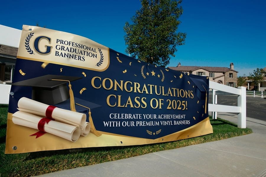 Vinyl graduation banner printed by 4OVER4 with large display type
