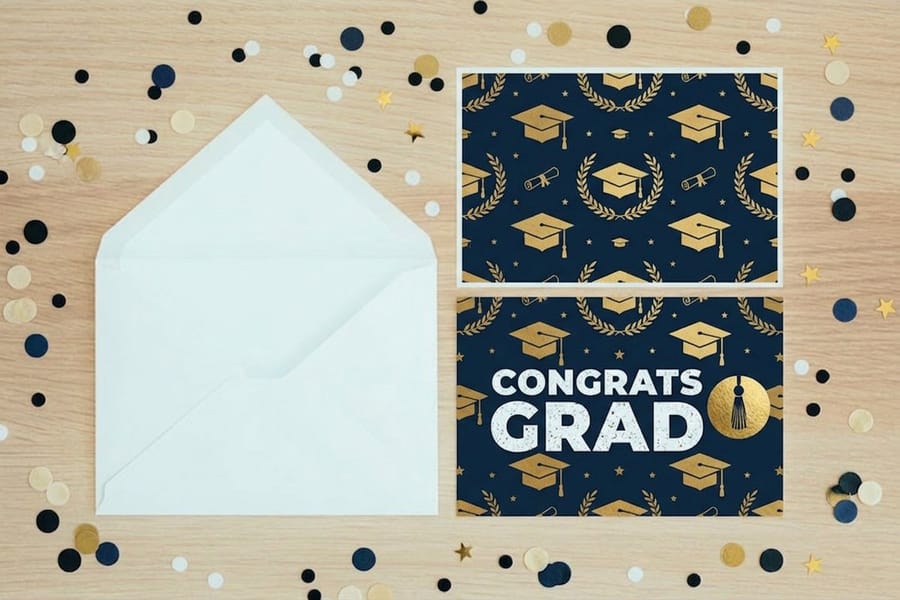 Graduation postcards printed by 4OVER4 shown at postcard size next to a larger card