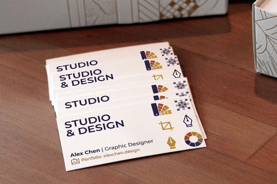 Graphic designer business cards printed by 4OVER4 with full bleed color to the edge