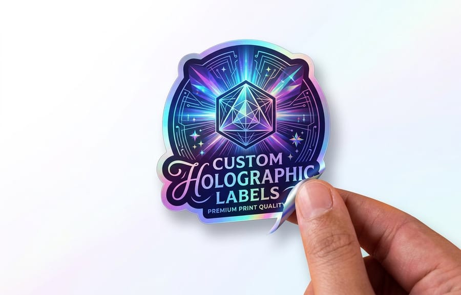 Holographic labels from 4OVER4.COM showing a laminated shine under retail light