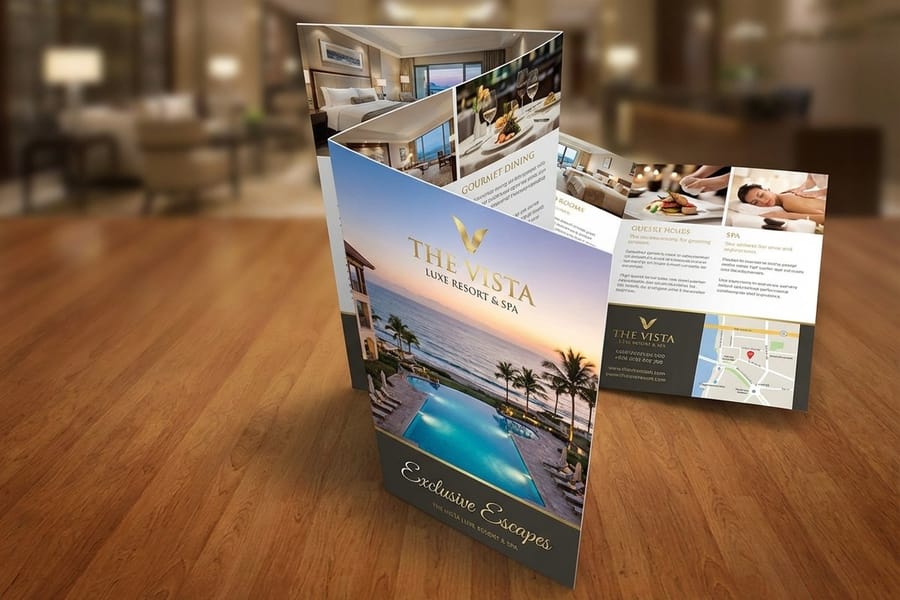Custom hotel brochure with crisp full-color detail from 4OVER4