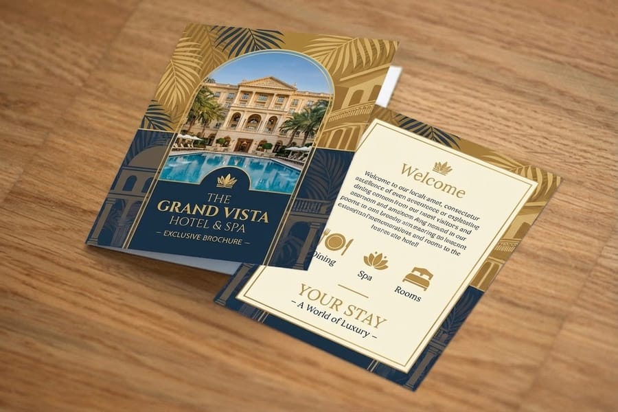 Custom hotel brochure with full-color photography printed by 4OVER4