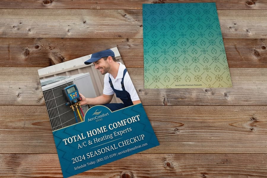 HVAC postcards printed by 4OVER4 showing a seasonal tune-up offer