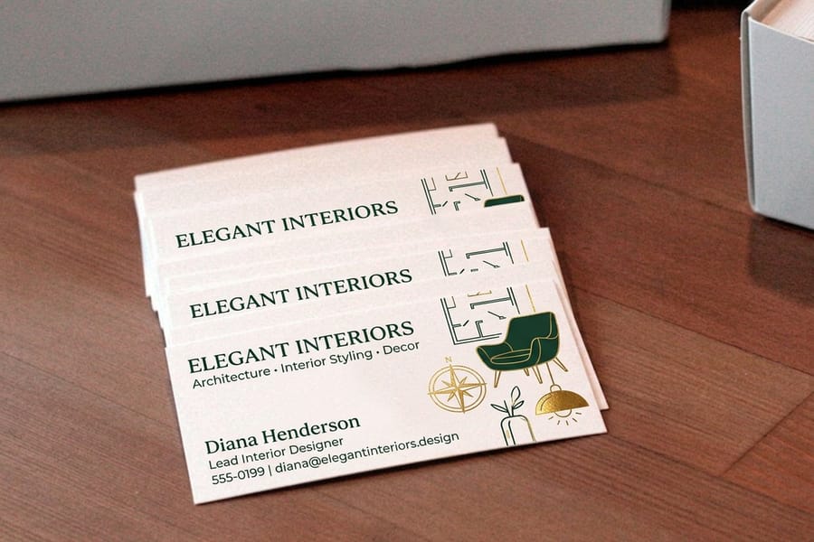 Interior design business cards printed by 4OVER4 trimmed to a standard 3.5 by 2 inch size