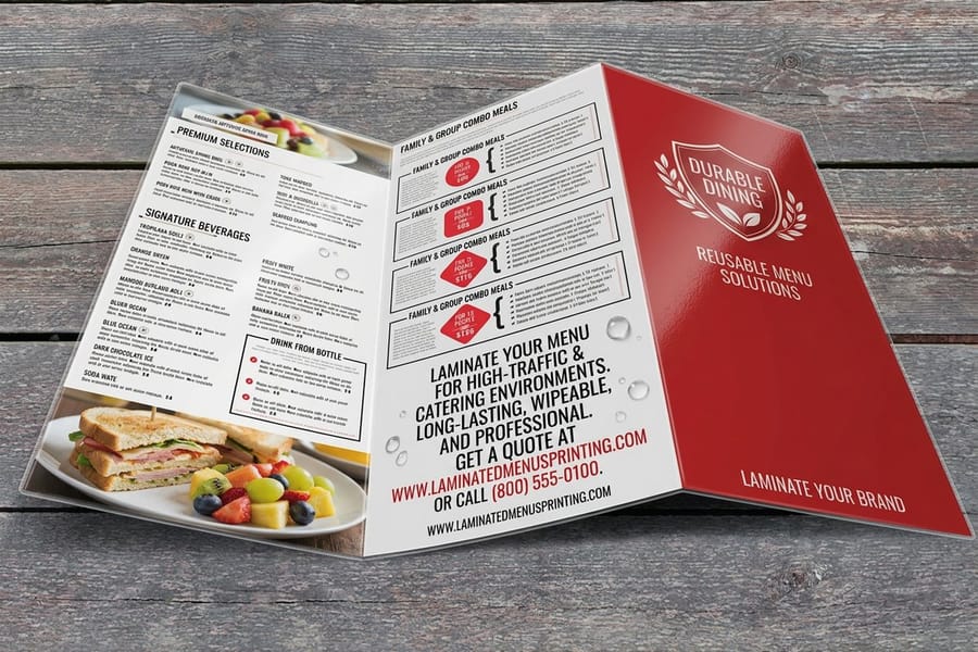 Laminated menus printed by 4OVER4 with a sealed wipe-clean surface