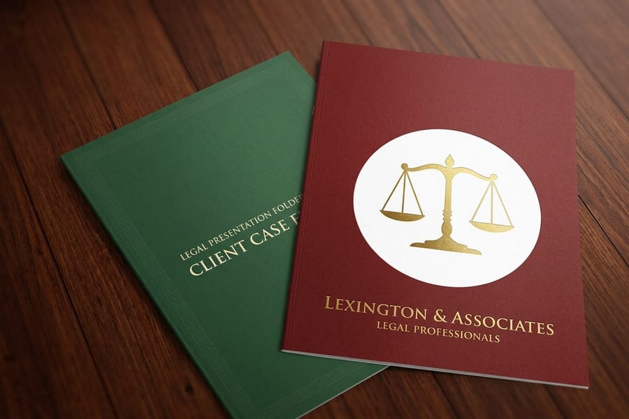 A law firm print toolkit from 4OVER4, led by a legal presentation folder