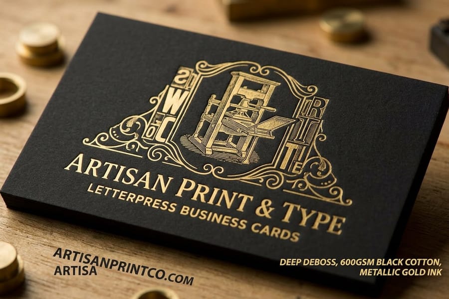 Letterpress business card with deep texture, printed by 4OVER4