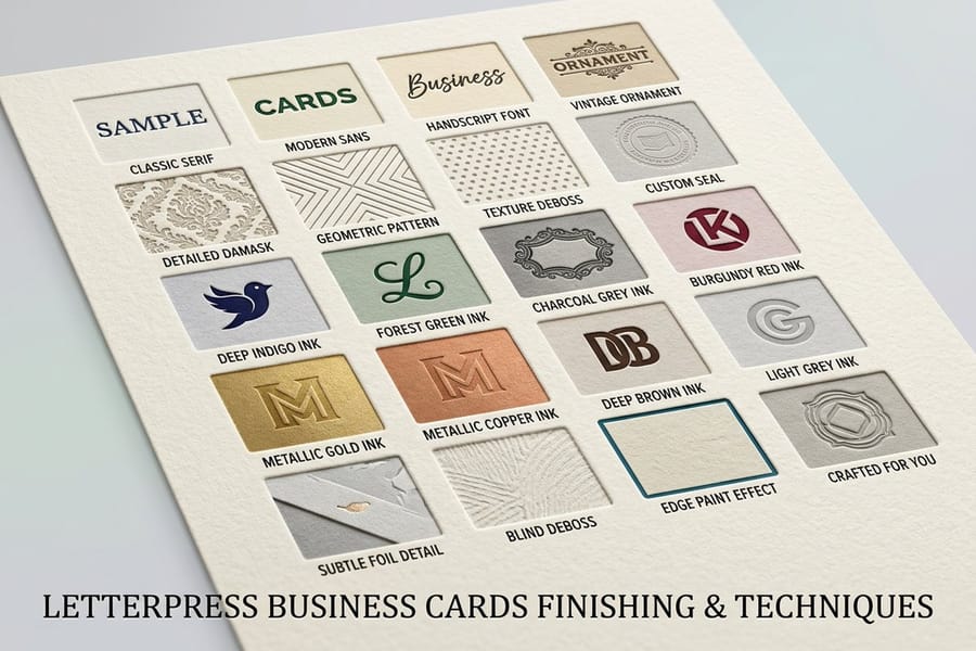 Letterpress business cards on a heavy stock showing a deep, tactile impression from 4OVER4.COM