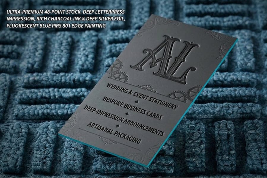 Letterpress business card with crisp pressed lines, printed by 4OVER4