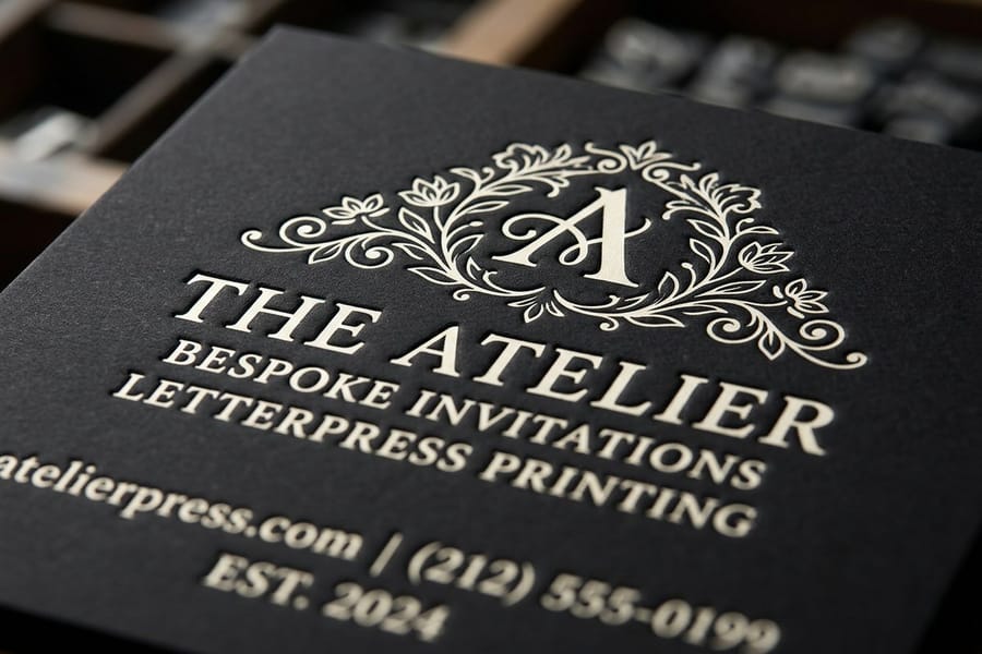 Letterpress invitations printed by 4OVER4 with matching envelopes arranged as a coordinated suite