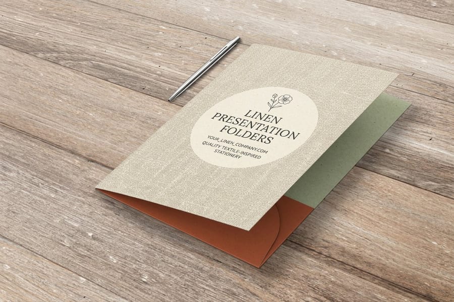 Linen presentation folders printed by 4OVER4 showing the woven texture of 14pt White Linen cover stock