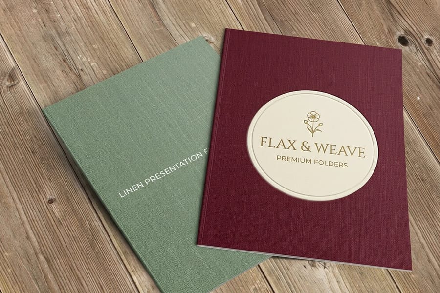 Linen presentation folder printed by 4OVER4 on textured white cover stock