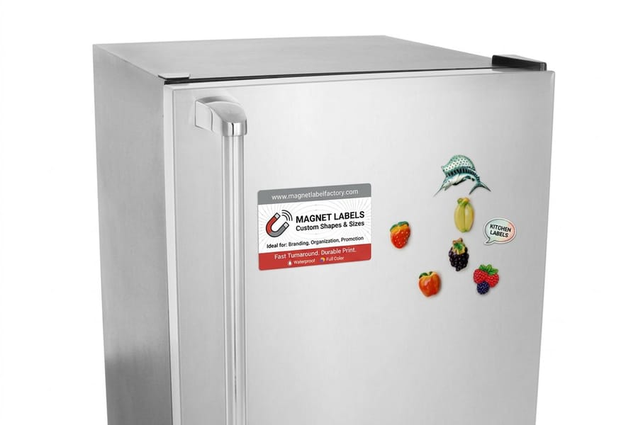 Custom magnet labels printed by 4OVER4, suited to dispenser stations and metal refill cabinets