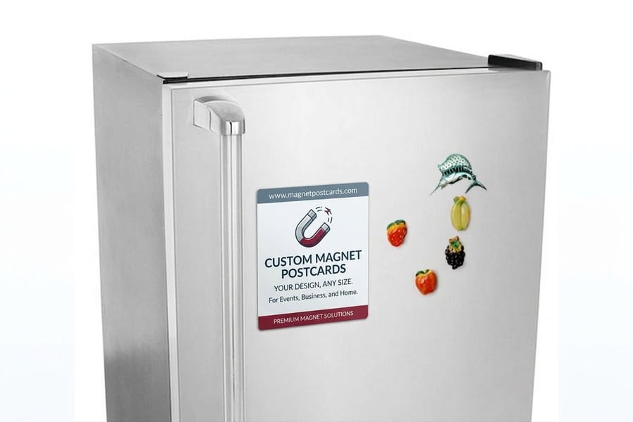 Magnet postcards printed by 4OVER4 showing the magnetic backing that holds the card on a fridge