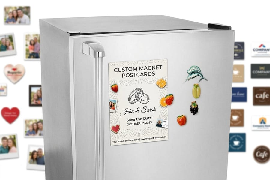 Magnet postcards printed by 4OVER4 for direct mail that sticks to a refrigerator door