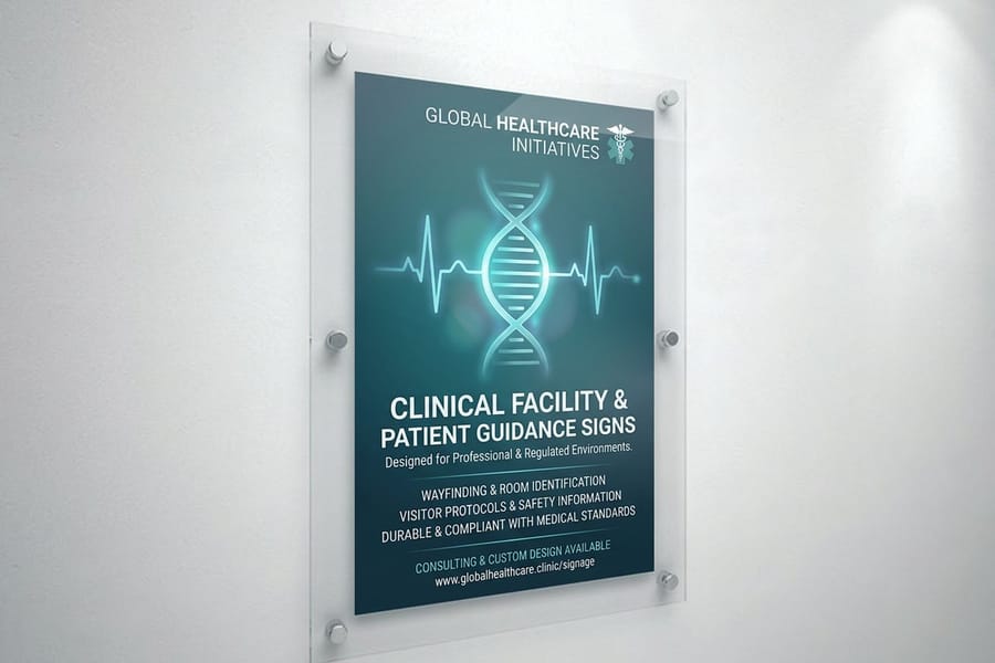 Medical signs printed by 4OVER4 for a clinic entrance and corridor