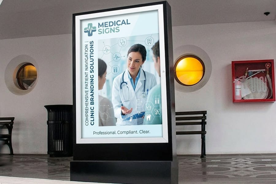 Medical signs printed by 4OVER4 showing directional wayfinding panels for a clinic